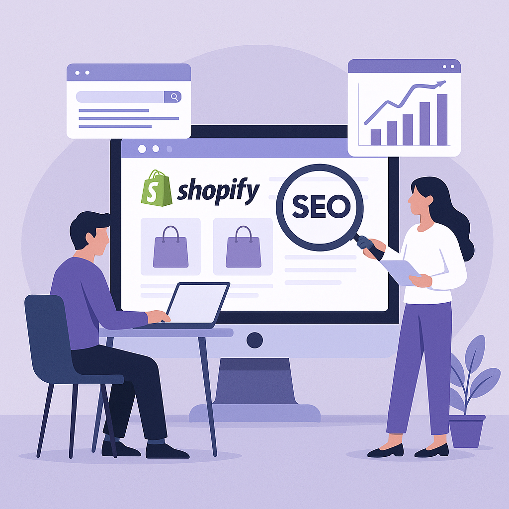 Professional Shopify SEO dashboard showing organic traffic growth, keyword rankings, and revenue analytics for e-commerce stores optimized by RankRace SEO experts